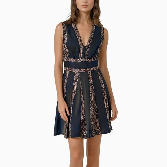 BCBGMaxAzria Dress Sz2 Black Faux Leather Pleated Brown Lace V-Neck 90s Goth Y2K - Picture 3 of 8